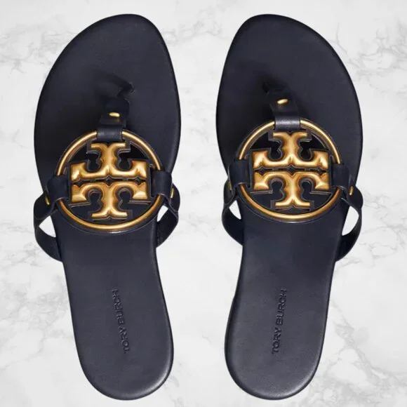 TORY BURCH Metal Miller Leather Sandals Perfect Navy Size 8 - Picture 1 of 15